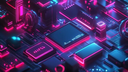 Fototapeta premium Close-up of a futuristic neon-lit circuit board, depicting advanced technology and modern electronic component architecture.