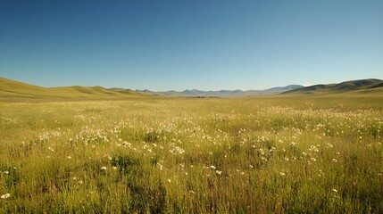 A vast expanse of grassland under a clear blue sky, with wildflowers scattered throughout, creating a serene landscape
