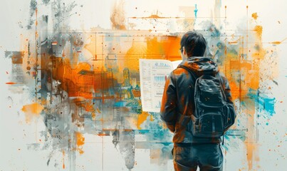 Obraz premium A lone figure studies an abstract cityscape, illuminated by vibrant colors, immersed in art and imagination in a creative borough at dusk