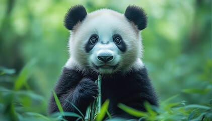Fototapeta premium A panda holding bamboo against a pastel green background, looking curious