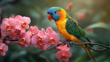 Obraz premium A vibrant lorikeet perched among pink orchids, set against a lush green background