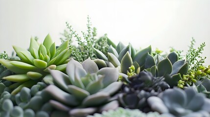 Fototapeta premium A close-up of a succulent arrangement with varying textures and shades of green, displayed on a light-colored surface