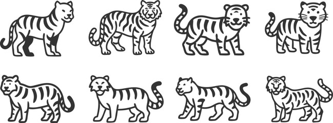A series of black and white tiger drawings