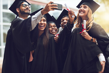 Graduation, university and selfie with excited students for celebration, achievement and success in...