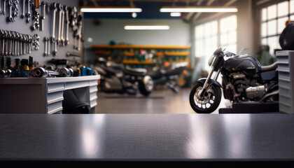 Empty counter table of motorcycle mechanic workshop, workshop scene. Old tools hanging on the wall in the workshop, tool rack against a table and a wall.  ideal for displaying advertising products
