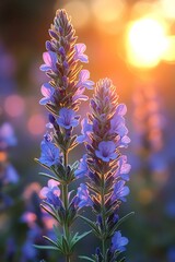Obraz premium Closeup of blooming rosemary with delicate purple flowers, soft sunlight filtering through