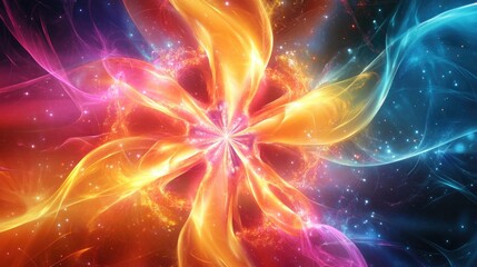 Abstract multicolored background featuring a line art illustration of a fractal explosion star adorned with glossy elements and dynamic lines