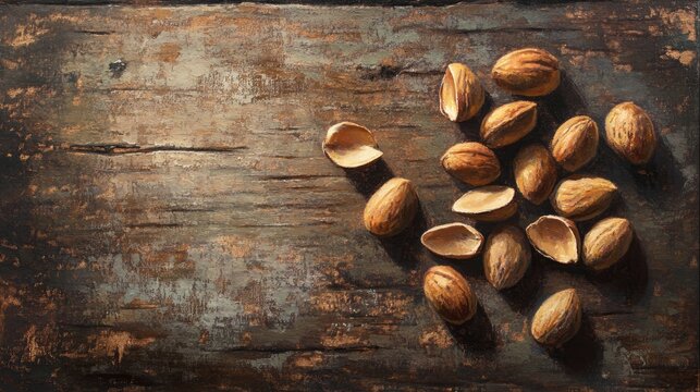 Oil painting depicting Pili nuts arranged on a wooden surface