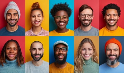 A vibrant collage of happy individuals showcasing diverse expressions against colorful backgrounds in a cheerful studio setting