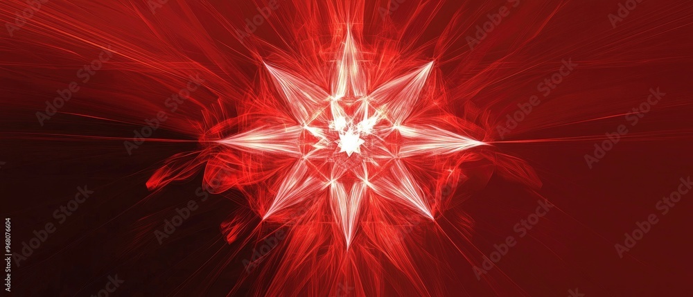 Poster abstract red background featuring a line art illustration of a fractal explosion star with glossy ef