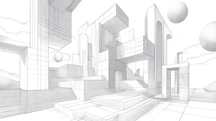 Line art illustration featuring a three dimensional architectural design