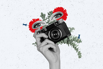 Creative image picture collage of hand holding photo camera with human eyes on grey color background