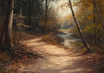 Naklejka premium Oil painting depicting a serene forest trail alongside a small river featuring a dusty path covered in fallen leaves and tree branches illustrating a peaceful natural landscape