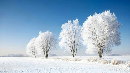 Fototapeta premium A serene winter landscape featuring snow-covered trees and a clear blue sky, creating a peaceful atmosphere