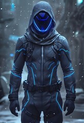 man in black and blue winter costume with winter background