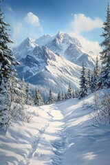 Oil painting depicting a snowy mountain landscape with a hiking trail showcasing the beauty of winter scenery