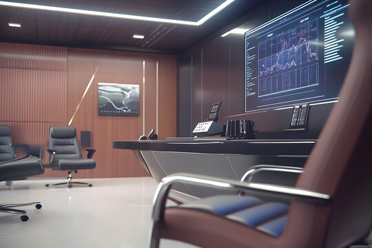 Modern office meeting room with sleek furniture, large digital screens displaying data and graphs, and soft lighting creating a professional atmosphere