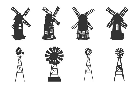 Windmill svg, Windmill silhouette, Windmill clipart, Old Windmill silhouette, Old windmill svg, Farm Windmill silhouette, Windmill vector set. 

