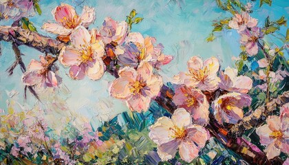 Close up oil painting of a flowering almond tree in a vibrant spring garden showcasing the beauty of blooming blossoms