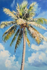 Close up oil painting of a large silver palm tree set against a vivid blue sky showcasing the beauty of tropical flora