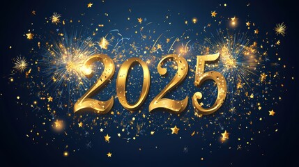 A vibrant banner displays the year 2025 in gold, surrounded by colorful fireworks and sparkling stars, perfect for celebrations