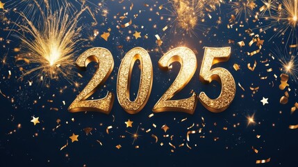 A vibrant banner features bold golden numbers 2025 surrounded by festive sparks and shimmering confetti to celebrate the New Year
