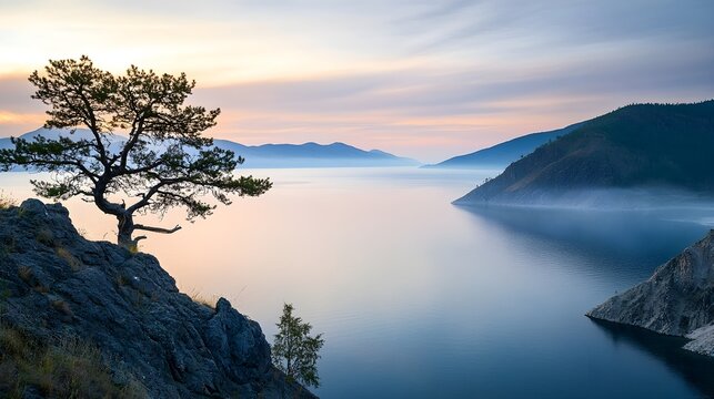 A serene view of Lake Baikal during sunrise, with soft light reflecting off the calm waters and surrounded by misty mountains