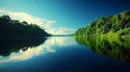 Fototapeta premium Calm waters of the Amazon River reflecting the blue sky, with dense foliage lining the banks