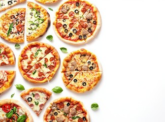 Set with various delicious types of pizza on a white background, top view.