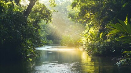 Fototapeta premium A tranquil forest river winding through lush greenery, with soft sunlight filtering through the trees