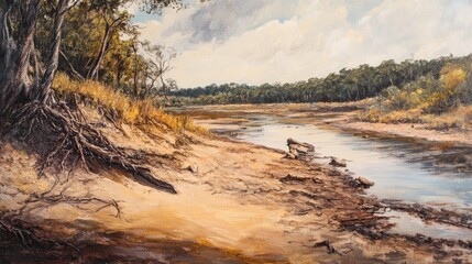 Oil painting depicting a dry riverbank alongside a river that has lost its water flow
