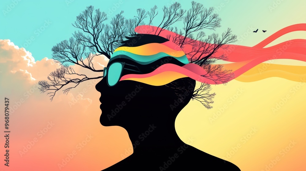 Poster a silhouette of a person against a colorful, abstract background, their features hidden by the intri