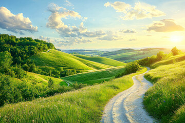 Stunning Summer Landscape with Green Rolling Hills and Winding Path.