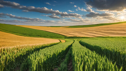 Obraz premium The wheat field landscape is slightly sloping upwards. with a clear sky in the background,