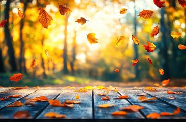 Autumn leaves falling on wooden table in park