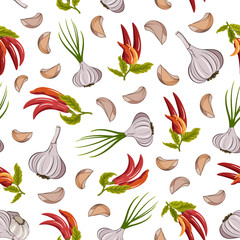 Garlic and hot peppers in a pattern.Vector pattern with garlic and hot peppers on a transparent background.