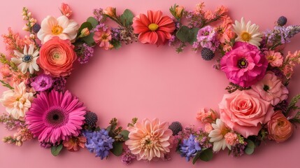 Fototapeta premium enchanting flower crown with diverse blooms, framing a postcard design with radiant beauty and charm