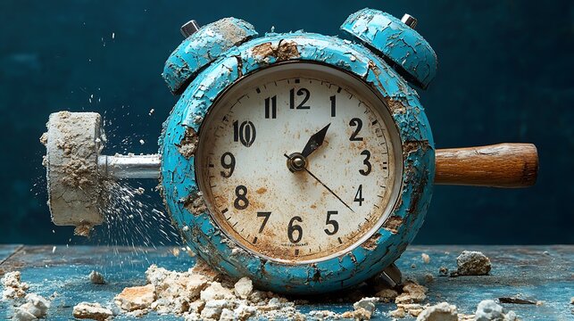 A vintage blue alarm clock is being smashed by a hammer, with pieces of the clock flying off and dust particles in the air. The clock is on a dark wooden surface.