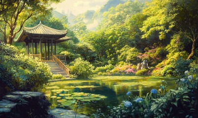 Oil painting depicting a traditional garden featuring pavilions and lush landscapes showcasing classical design and serene beauty