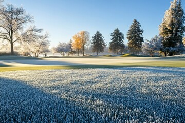 Frosted Grass and Trees on a Golf Course at Dawn