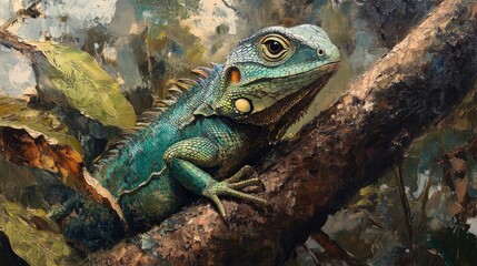 Fototapeta premium Oil painting depicting a green lizard in its natural surroundings showcasing the vibrant colors and textures of the environment
