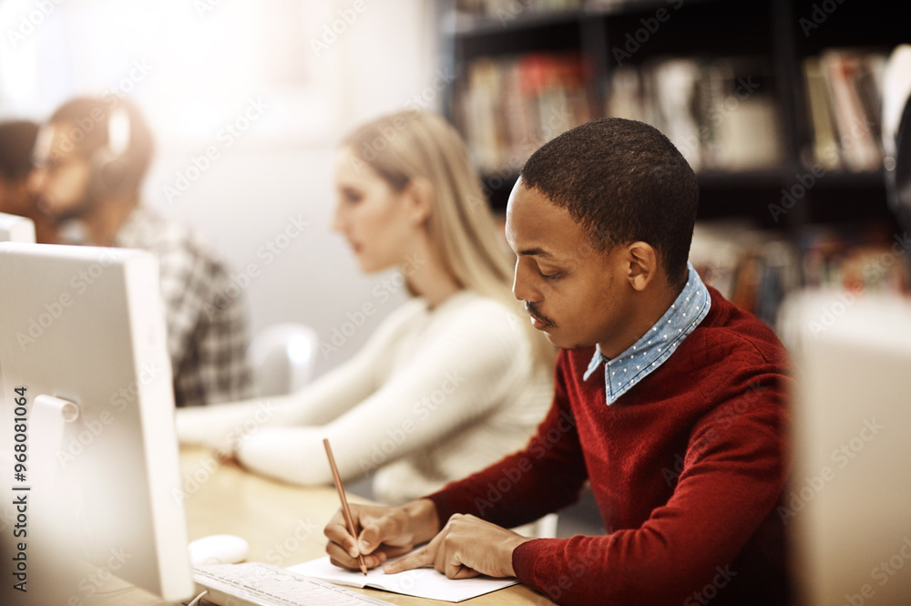 Poster computer, notes and student learning at library for education, knowledge or test preparation in coll