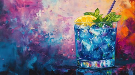 Oil painting depicting a vibrant butterfly pea lemonade with a galaxy color theme featuring ample copy space