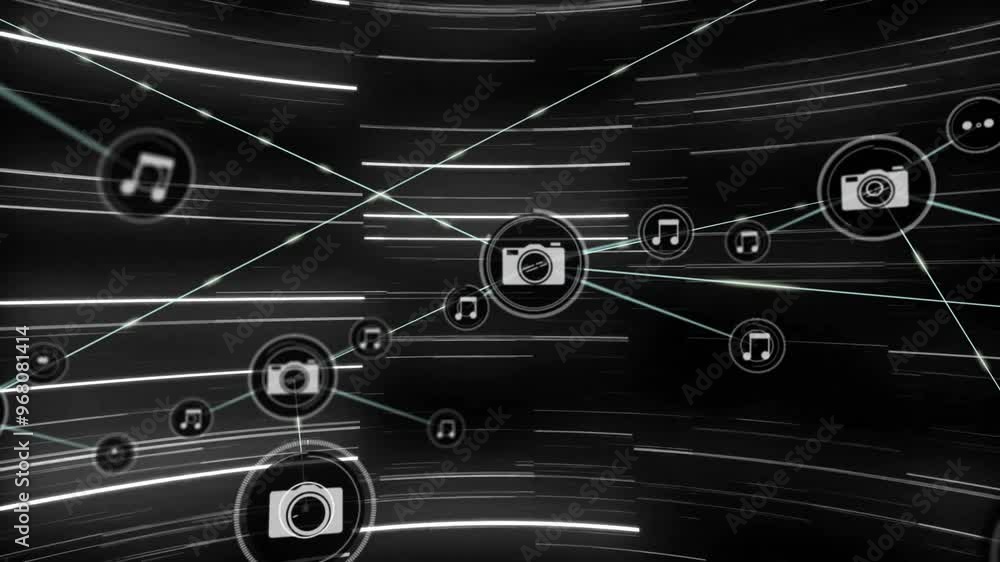 Poster animation of network of connections with icons over white lines