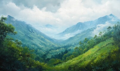 Fototapeta premium Oil painting depicting a mountain landscape with lush greenery and serene nature scenes