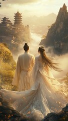 Poster for Chinese historical drama romance series. Woman and man in flowing traditional hanfu costumes, garments billow in the wind. Misty mountains and ancient temples. 