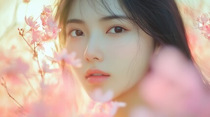 Fototapeta premium Close-up portrait of a young woman with long black hair, framed by pink blossoms