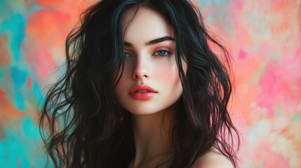 Fototapeta premium Close-up Portrait of a Young Woman with Wavy Black Hair