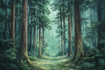 Obraz premium Oil painting depicting a beautiful rainforest scene with towering conifer trees in a lush green environment