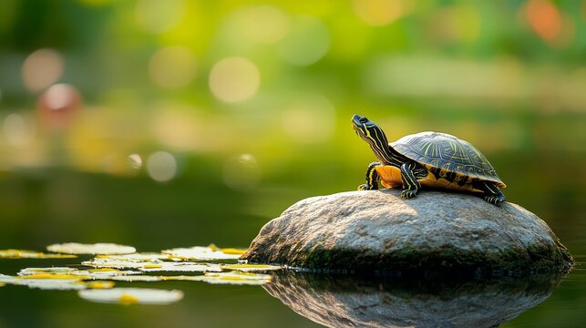 Turtle Basking on a Rock in a Pond